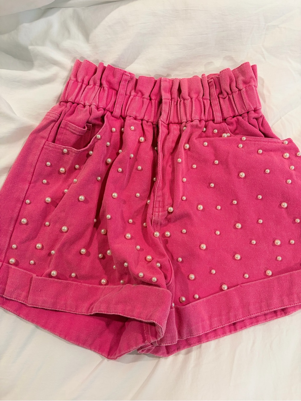 Fantastic Fawn Hot Pink Pearl-Embellished Paperbag Waist Shorts